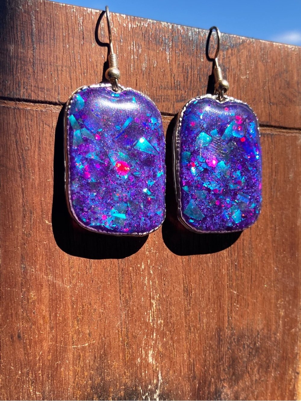 Blue/Purple color shifting glitter dangle earrings with silver accents